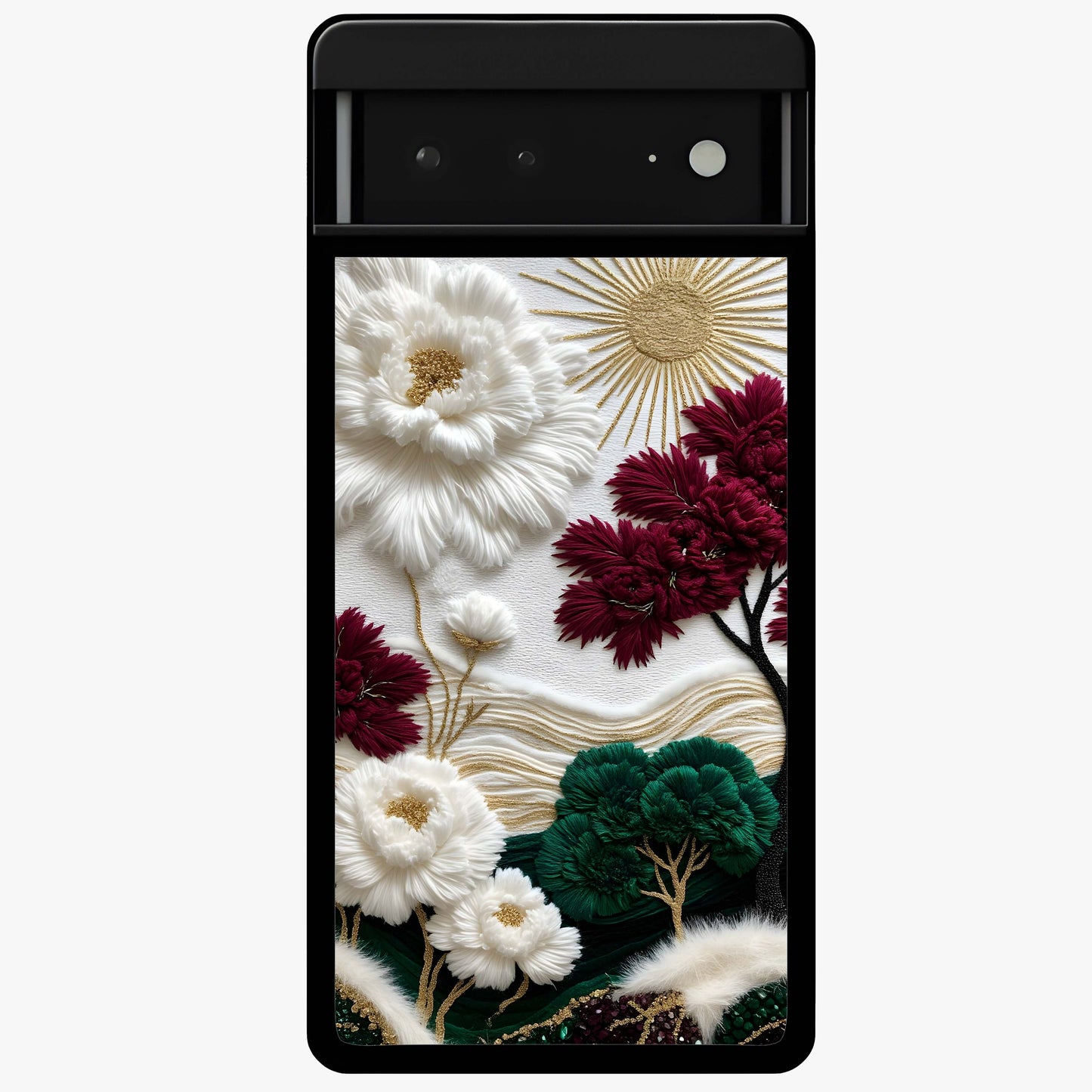 Radiant Bloom Elegance Glass Case showing flat back view with elegant blooming flower artwork and glossy glass finish.