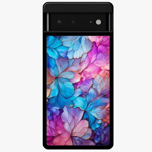 Radiant Floral Whirl Glass Case showing flat back view with swirling floral artwork and glossy glass finish.