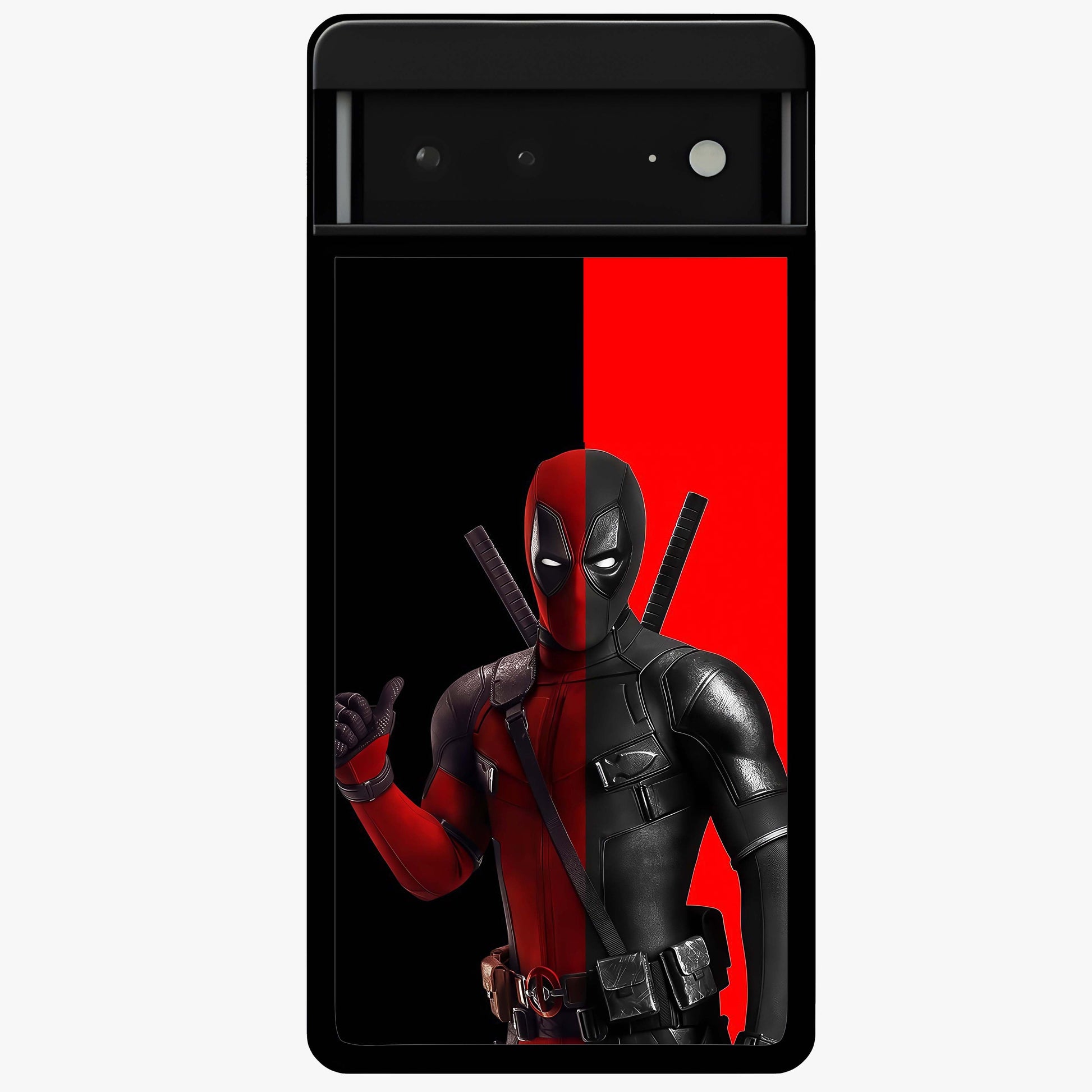 Red & Black Deadpool Theme Glass Case showing flat back view with bold comic inspired artwork and glossy glass finish.