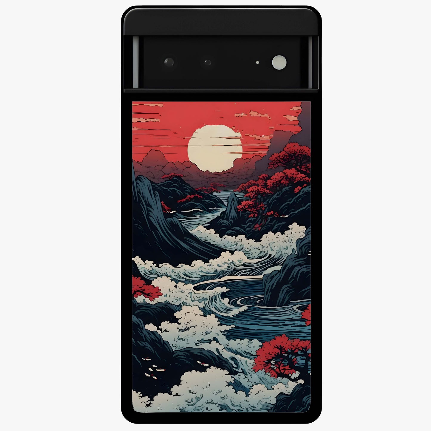 Red Sunset Scenery Glass Case showing flat back view with vibrant sunset landscape artwork and glossy glass finish.
