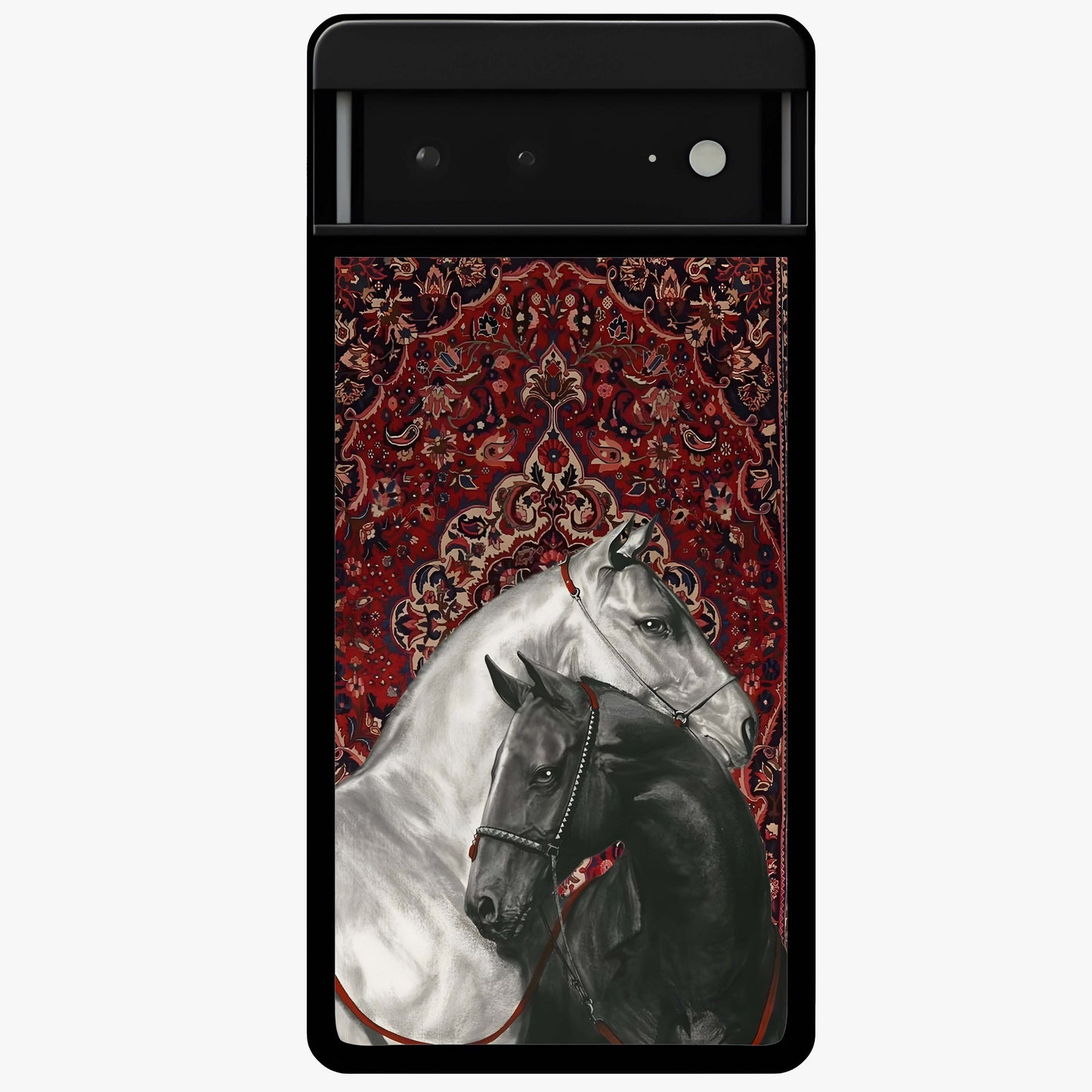 Regal Stallion Tapestry Glass Case showing flat back view with majestic horse tapestry artwork and glossy glass finish.