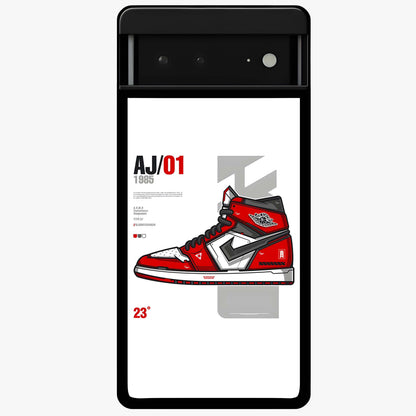 Retro Sneaker Blueprint Glass Case showing flat back view with sneaker blueprint style artwork and glossy glass finish.