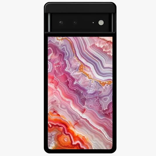 Rose Quartz Marble Glass Case showing flat back view with pink marble quartz texture artwork and glossy glass finish.