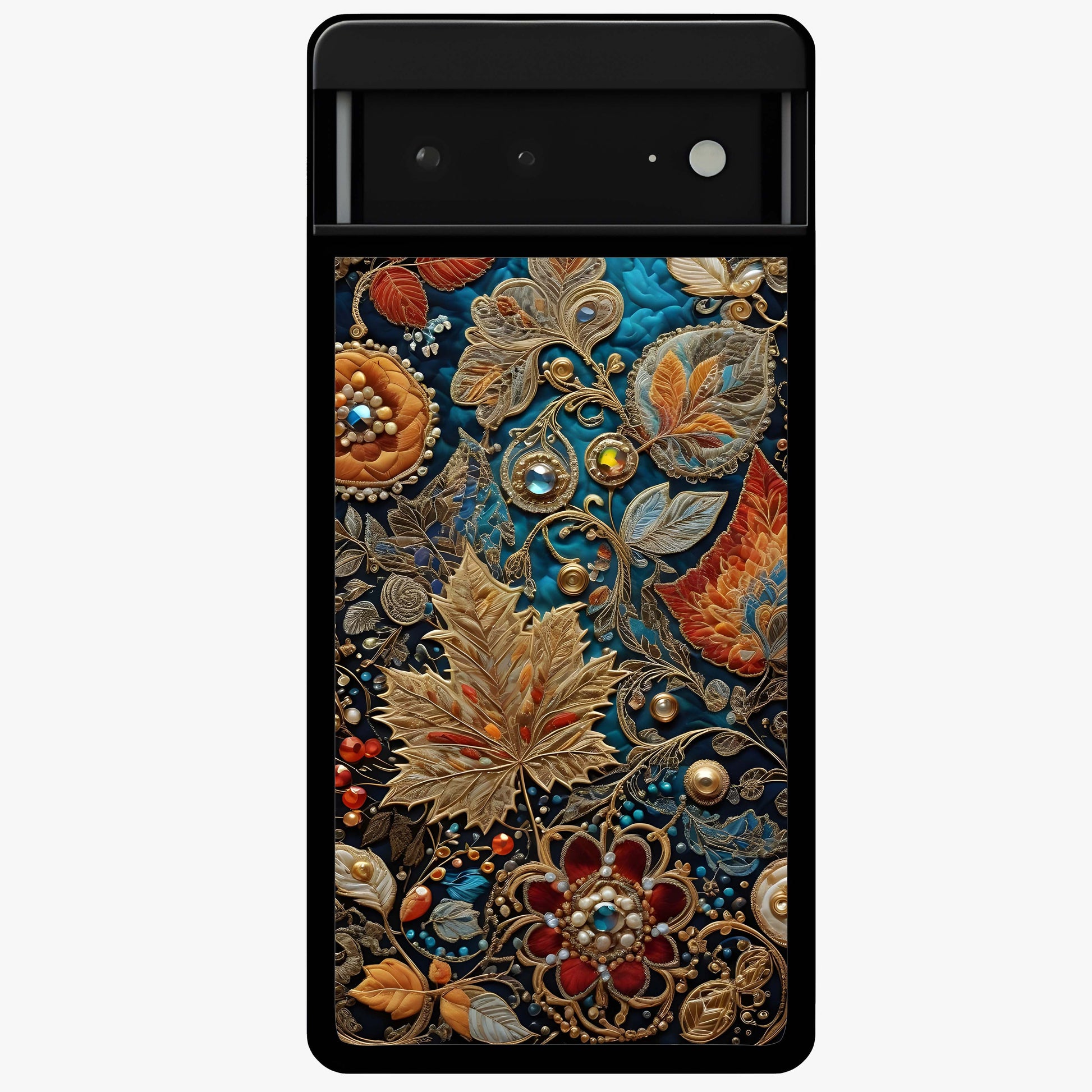 Royal Jewel Garden Glass Case showing flat back view with decorative floral garden artwork and glossy glass finish.