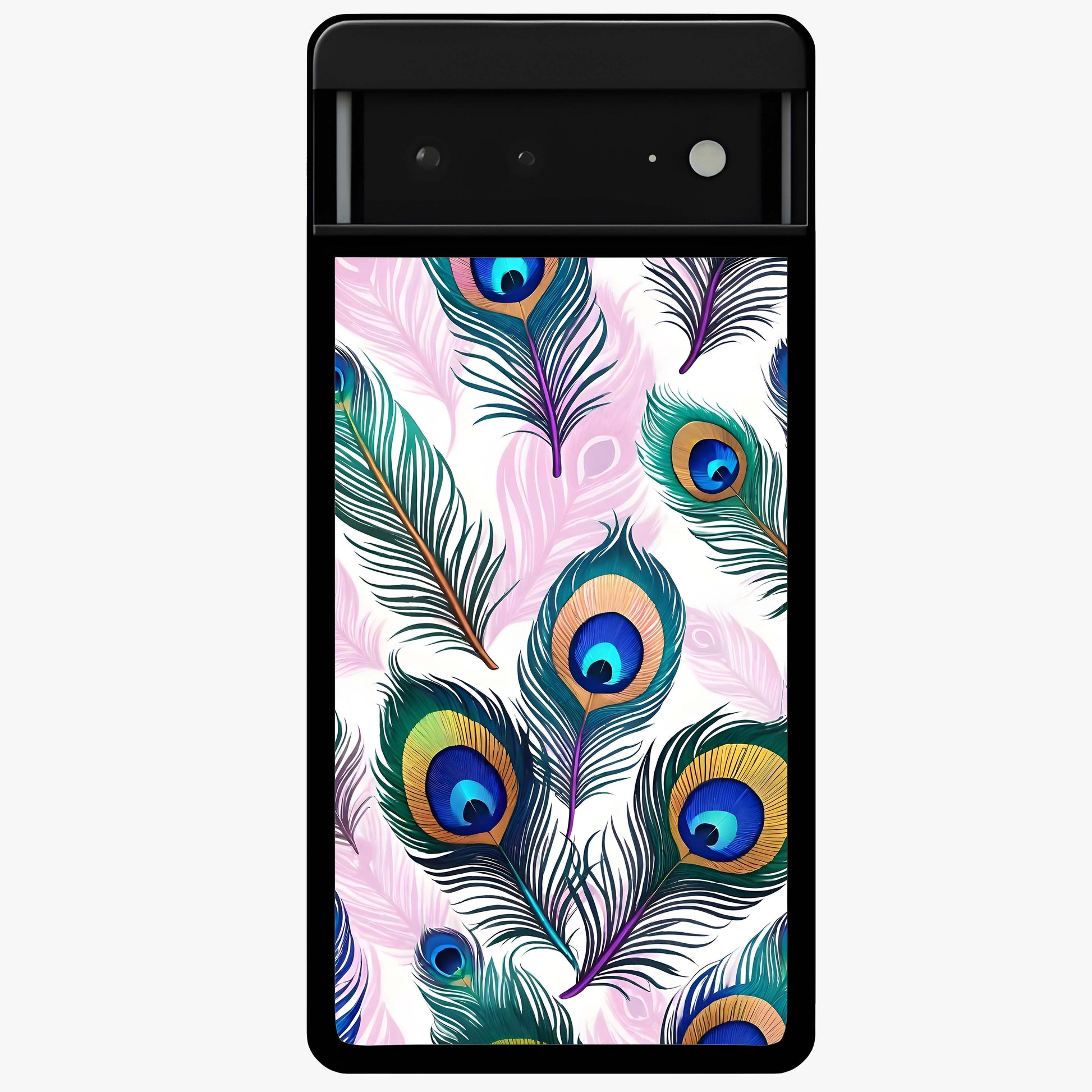 Royal Peacock Feathers Glass Case showing flat back view with colorful peacock feather artwork and glossy glass finish.