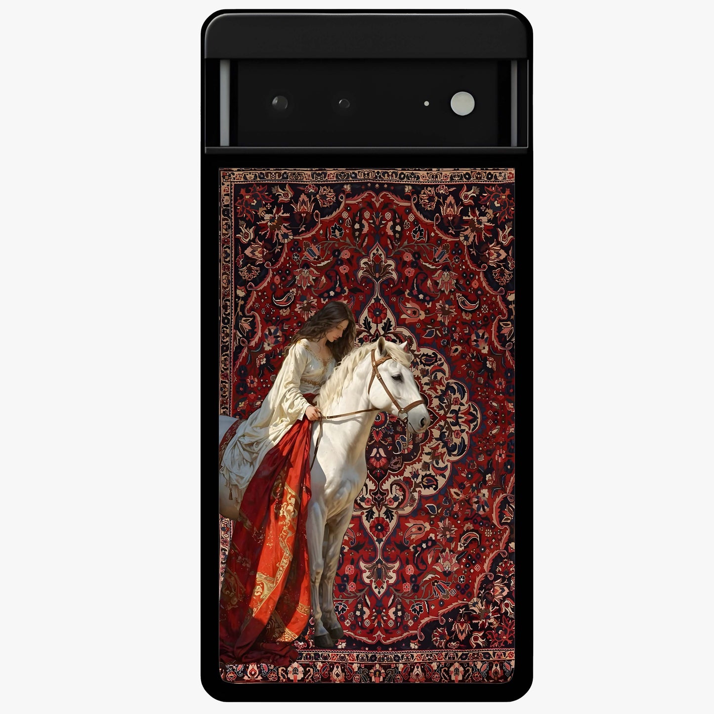 Royal Rider Tapestry Glass Case showing flat back view with majestic horse rider tapestry artwork and glossy glass finish.