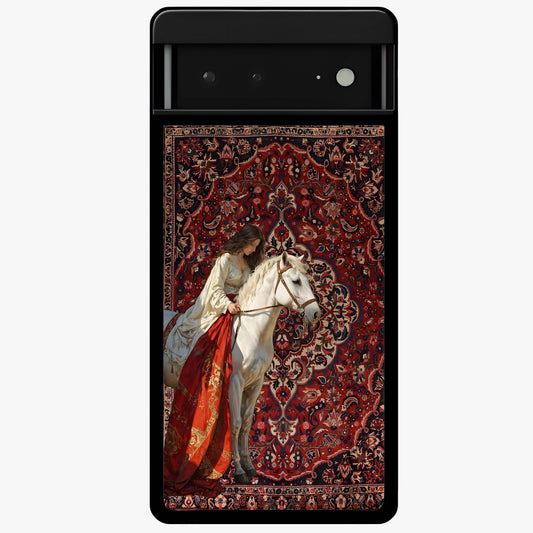 Royal Rider Tapestry Glass Case showing flat back view with majestic horse rider tapestry artwork and glossy glass finish.