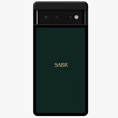 Sabr Minimal Patience Glass Case showing flat back view with minimalist typography artwork and glossy glass finish.