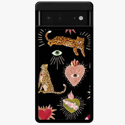 Sacred Jungle Heart Glass Case showing flat back view with jungle inspired heart artwork and glossy glass finish.