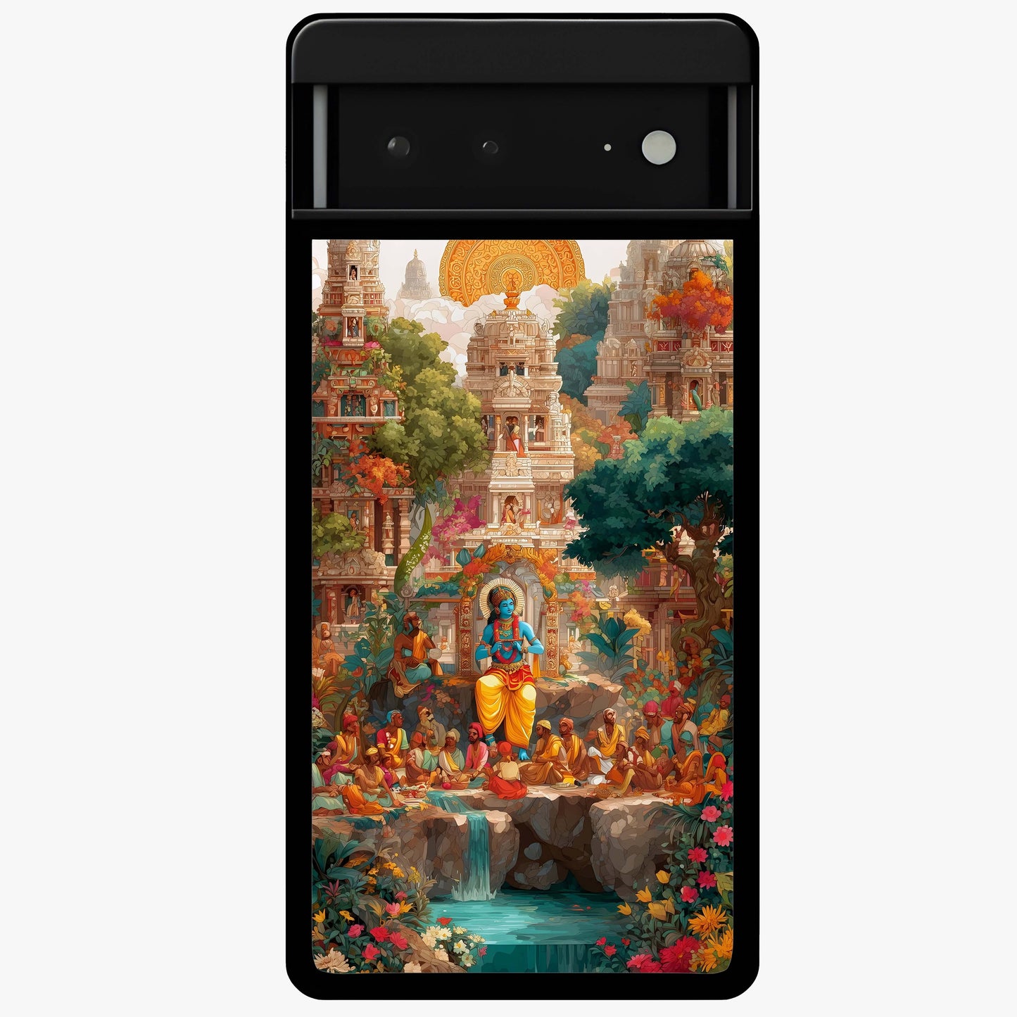 Sacred Sunlight Gods Glass Case showing flat back view with divine sunlight themed artwork and glossy glass finish.