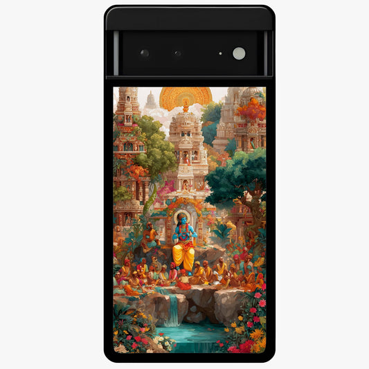 Sacred Sunlight Gods Glass Case showing flat back view with divine sunlight themed artwork and glossy glass finish.