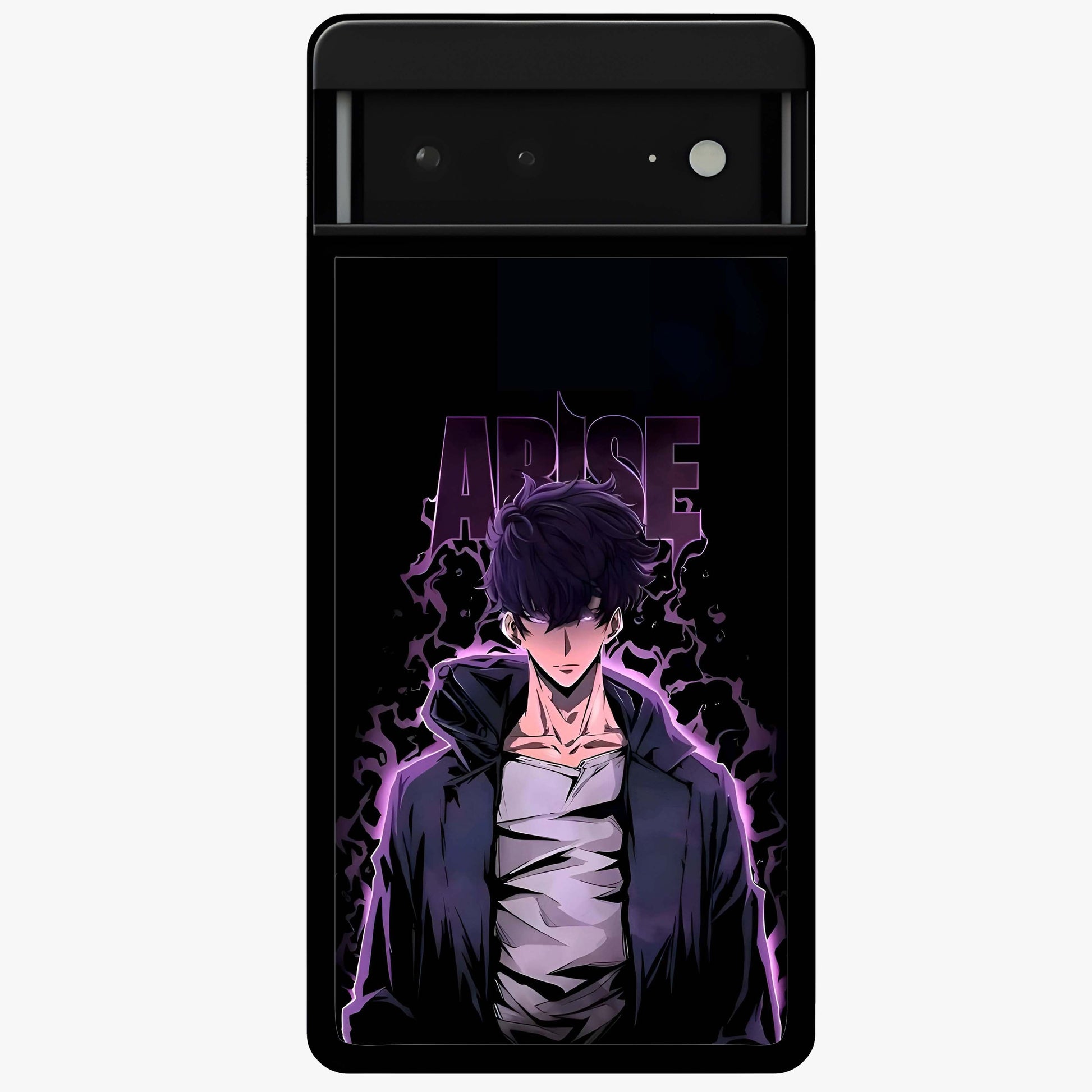 Shadow Monarch Awakening Glass Case showing flat back view with powerful dark monarch themed artwork and glossy glass finish.