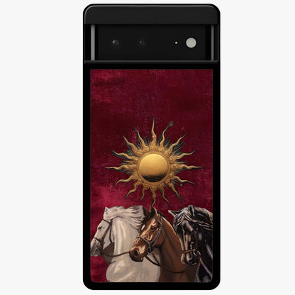 Solar Riders Glass Case showing flat back view with dynamic rider themed artwork and glossy glass finish.