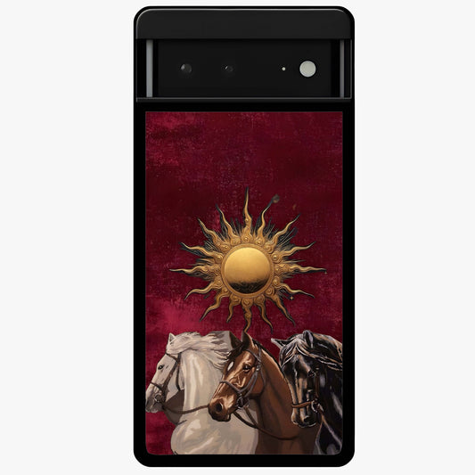 Solar Riders Glass Case showing flat back view with dynamic rider themed artwork and glossy glass finish.