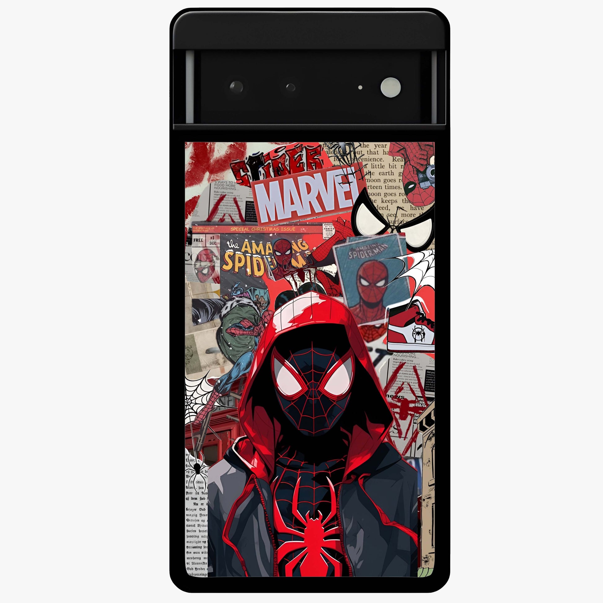 Spider Collage Street Glass Case showing flat back view with vibrant superhero collage artwork and glossy glass finish.