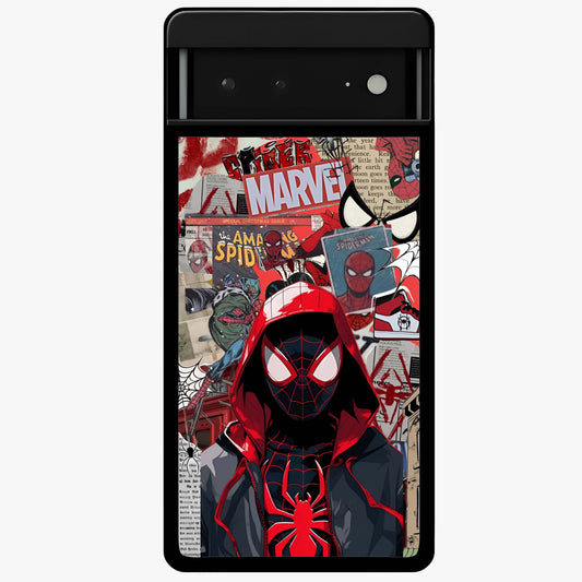 Spider Collage Street Glass Case showing flat back view with vibrant superhero collage artwork and glossy glass finish.