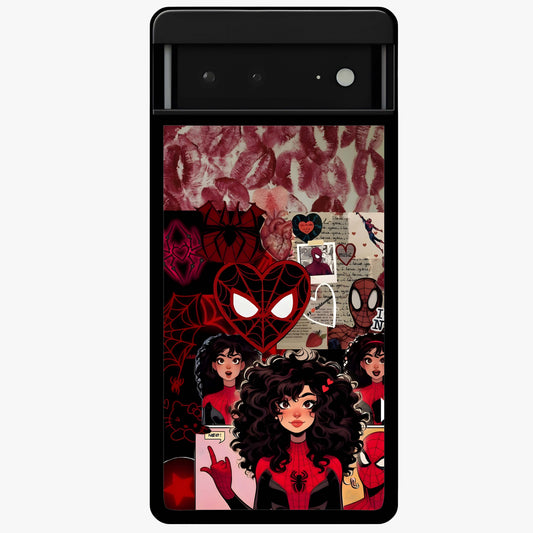 Spider Love Story Glass Case showing flat back view with romantic superhero themed artwork and glossy glass finish.