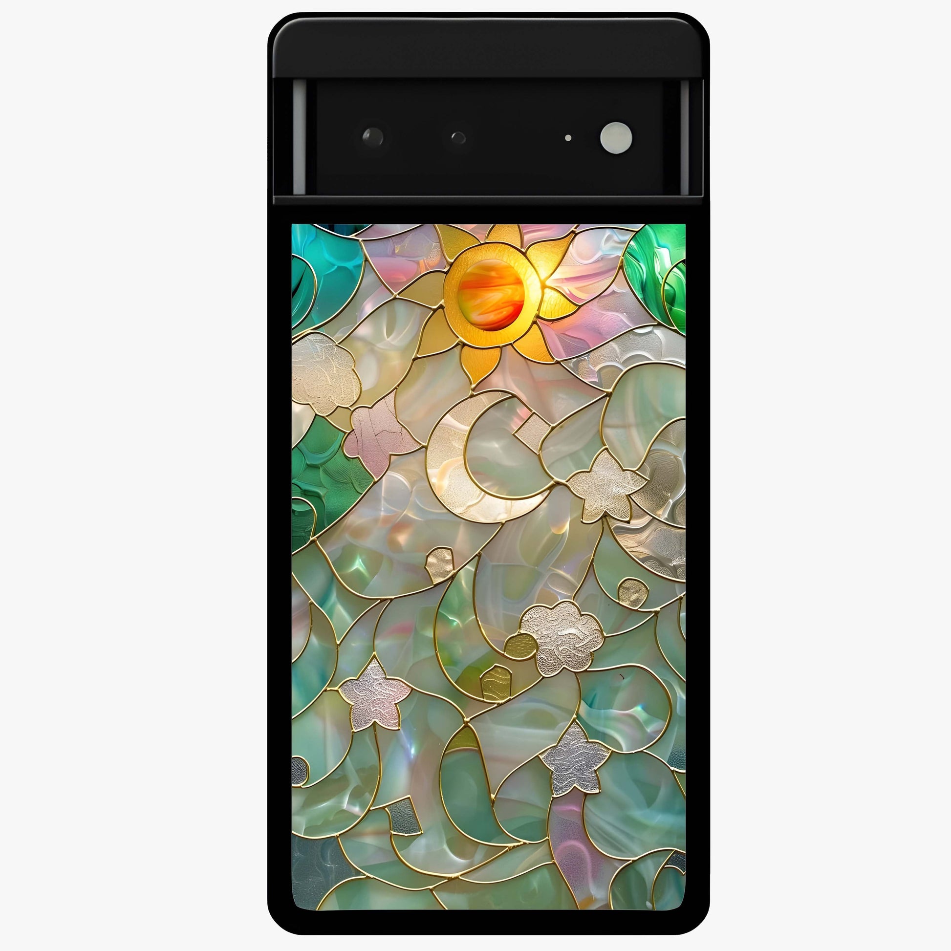 Stained Sunrise Glow Glass Case showing flat back view with glowing sunrise stained pattern artwork and glossy glass finish.