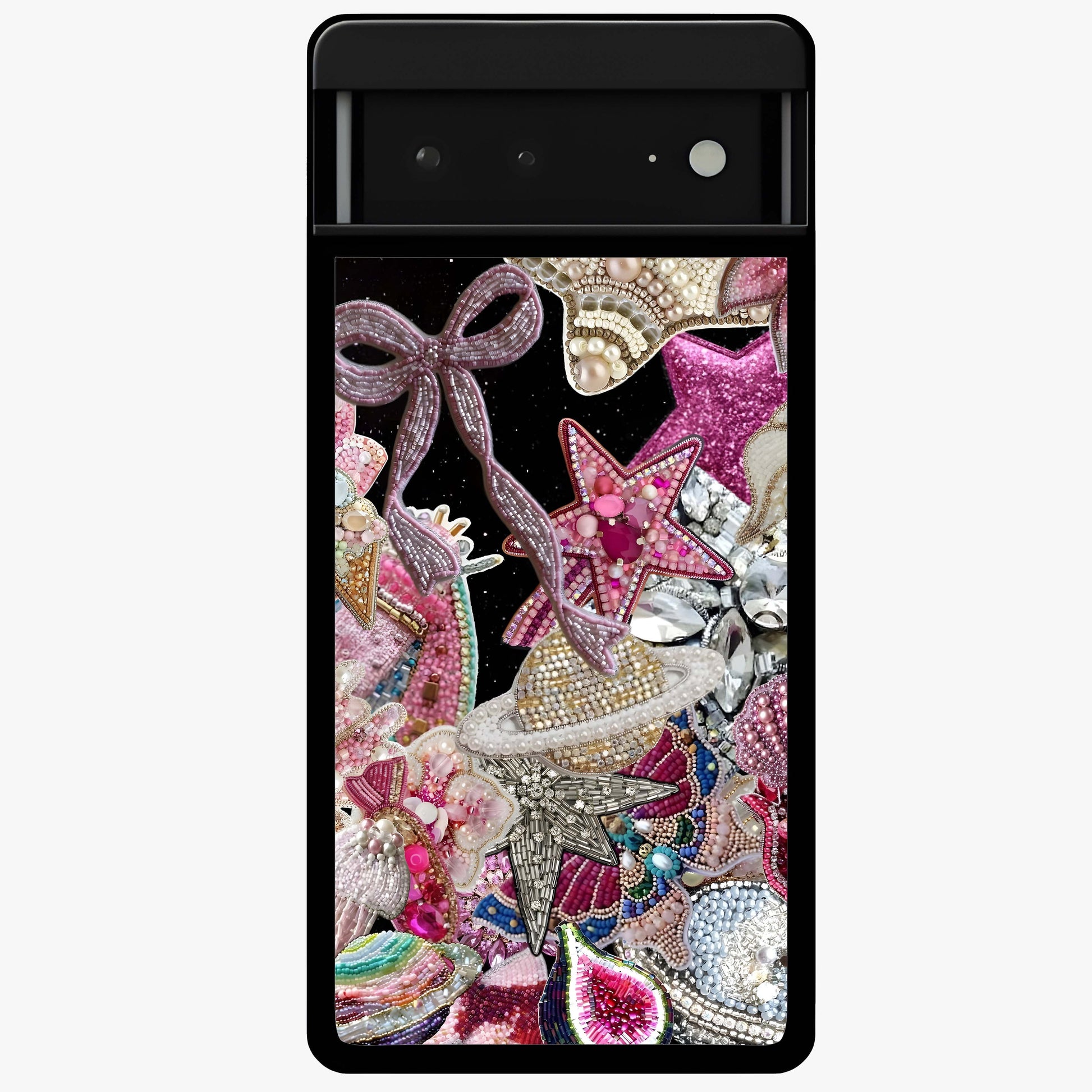 Starlit Jewel Dream Glass Case showing flat back view with sparkling jewel and star themed artwork and glossy glass finish.