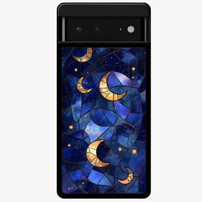 Starlit Sky Tapestry Glass Case showing flat back view with decorative starry sky tapestry artwork and glossy glass finish.