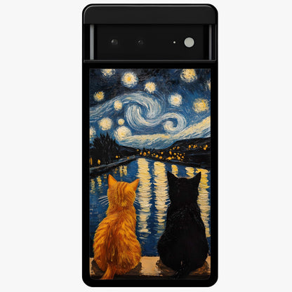 Starry River Cats Glass Case showing flat back view with cats by a starry river artwork and glossy glass finish.