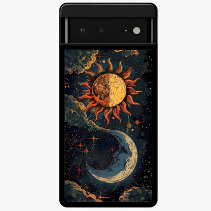 Sun And Moon Magic Design Glass Case showing flat back view with mystical sun and moon artwork and glossy glass finish.