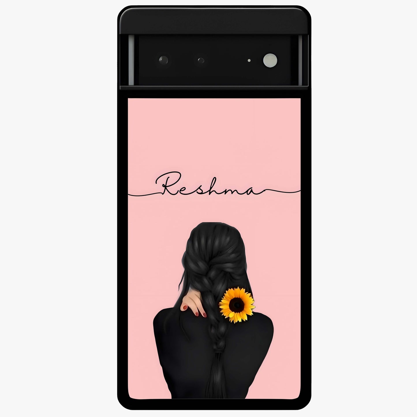 Sunflower Braid Beauty With Custom Name Glass Case showing flat back view with sunflower braid artwork and personalized name design.