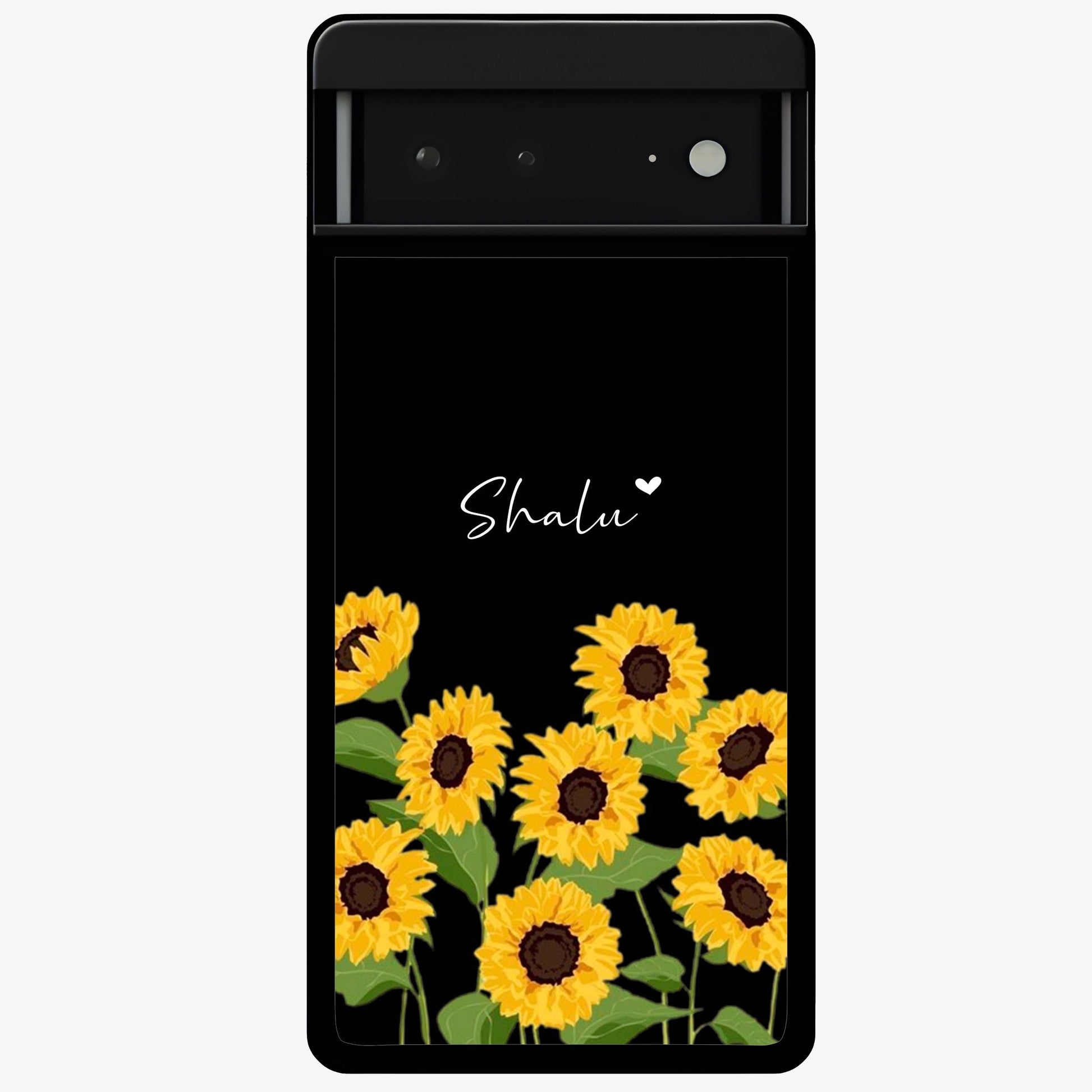 Sunflower Chic Mood Custom Name Glass Case showing flat back view with stylish sunflower artwork and personalized name design.