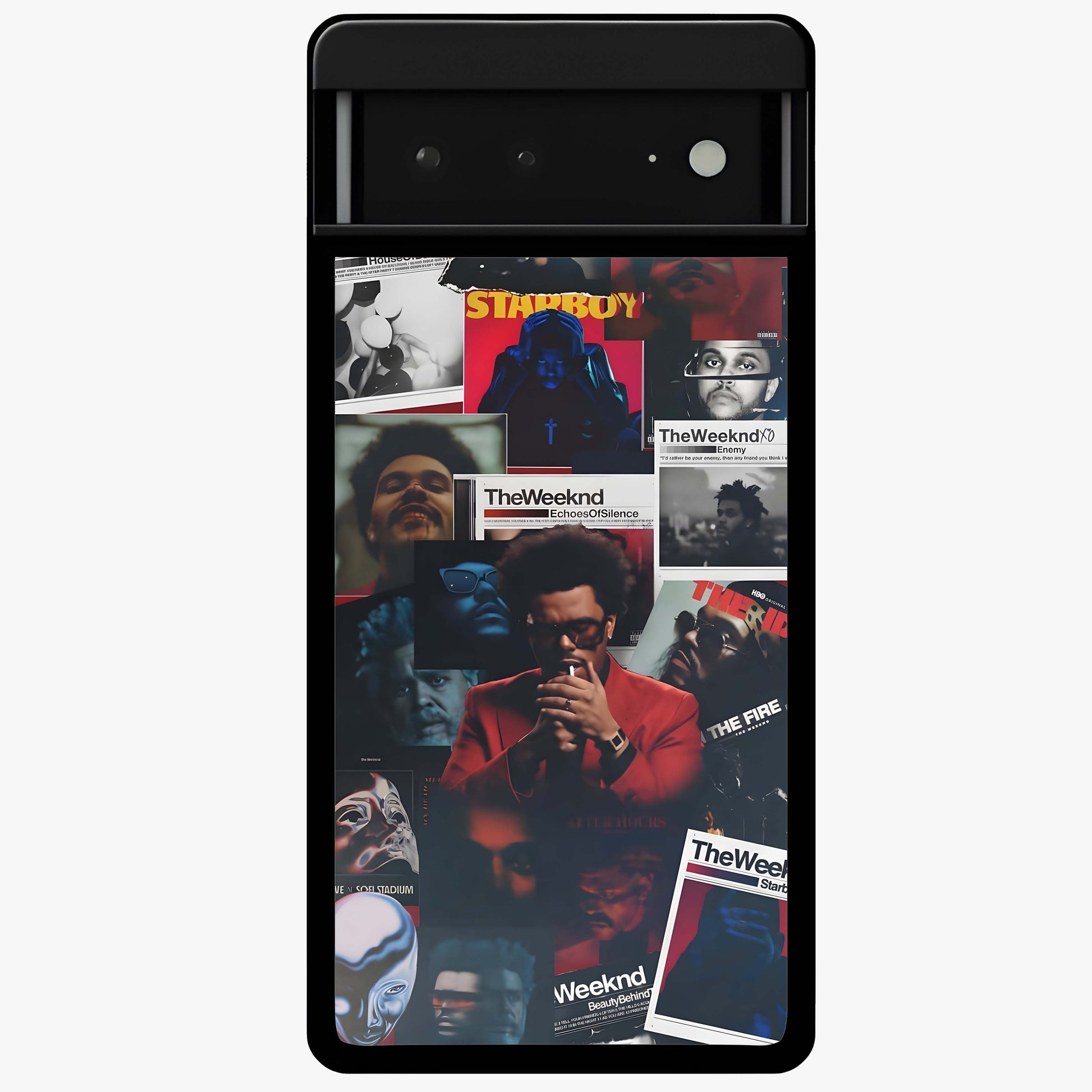 The Weeknd Glass Case showing flat back view with music inspired artistic portrait artwork and glossy glass finish.