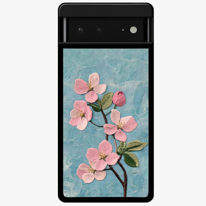 Threaded Blossom Breeze Glass Case showing flat back view with delicate blossom artwork and glossy glass finish.