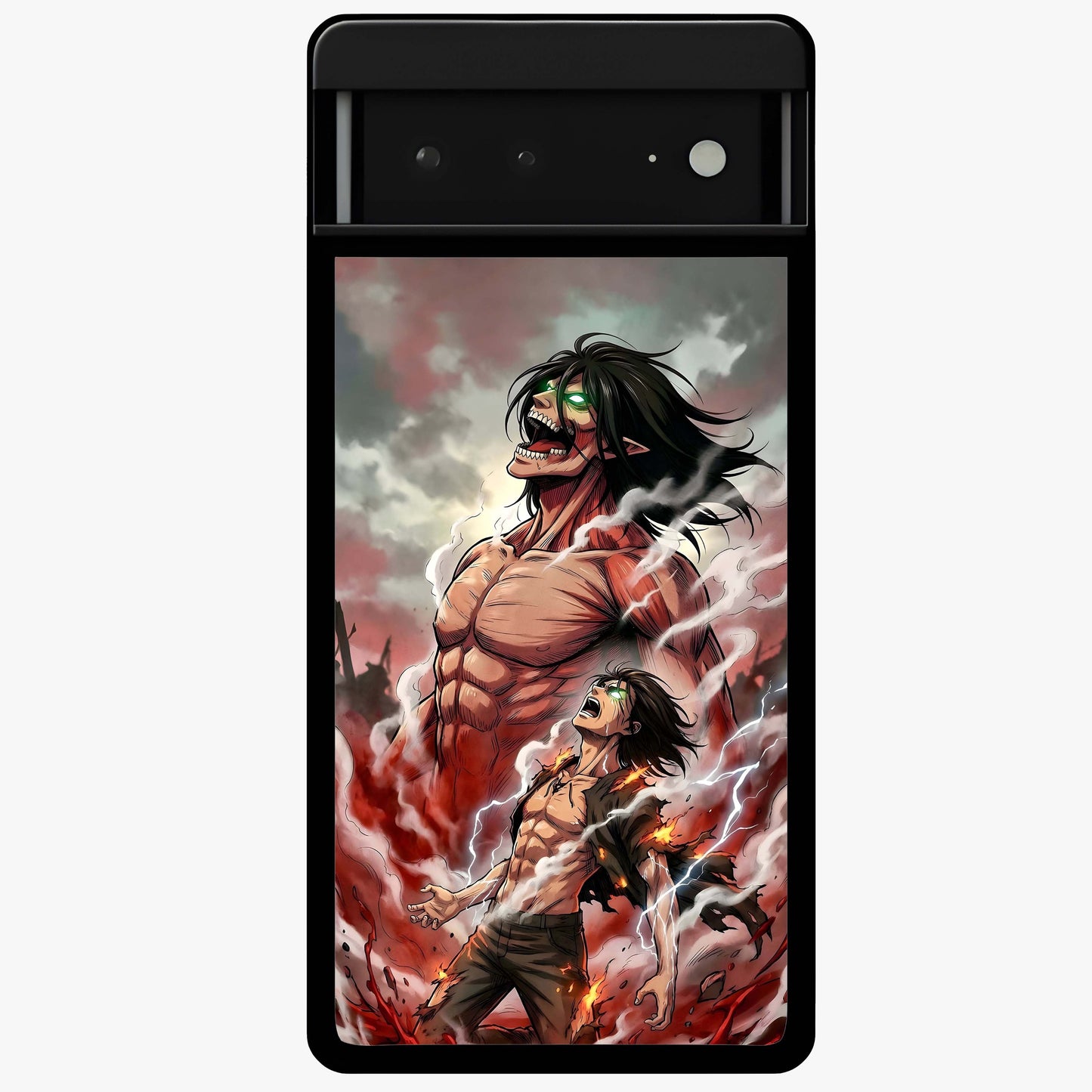 Titan Awakening Fury Glass Case showing flat back view with powerful titan inspired artwork and glossy glass finish.