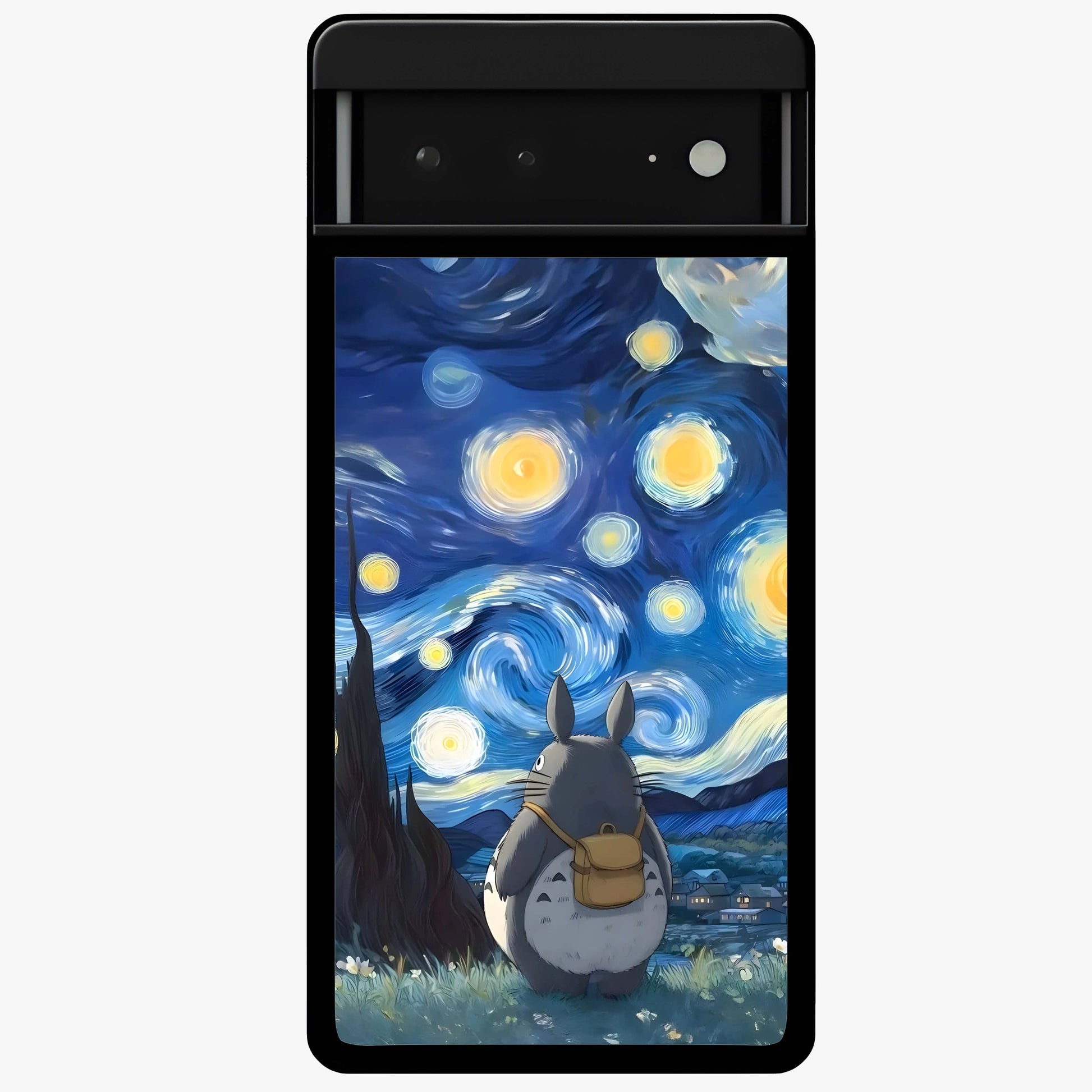 Totoro In Van Gogh Art Glass Case showing flat back view with whimsical character artwork inspired by Van Gogh style and glossy glass finish.