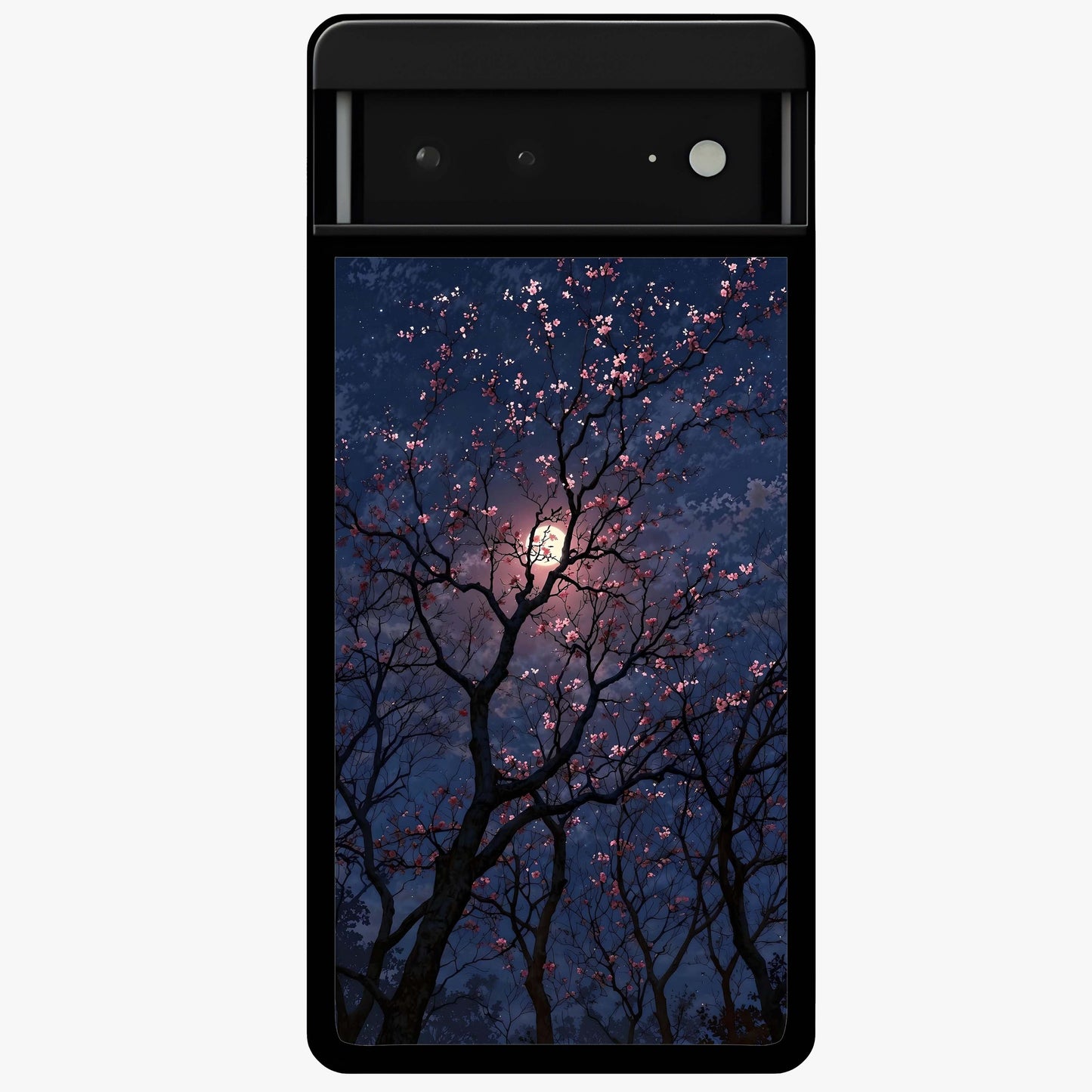 Twilight Sakura Serenade Glass Case showing flat back view with cherry blossom artwork at twilight and glossy glass finish.