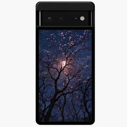 Twilight Sakura Serenade Glass Case showing flat back view with cherry blossom artwork at twilight and glossy glass finish.