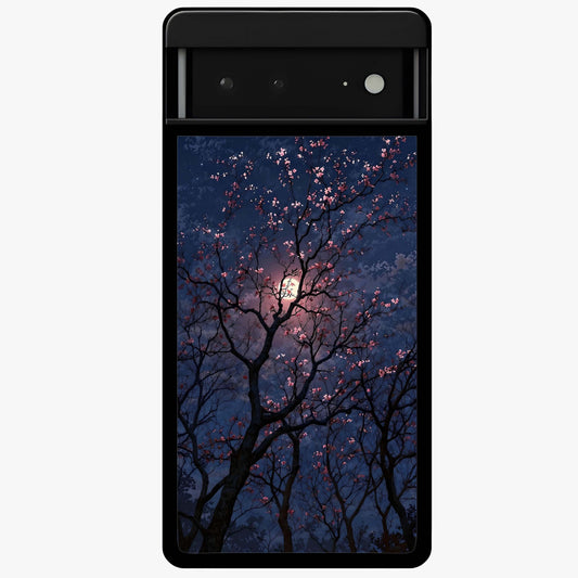 Twilight Sakura Serenade Glass Case showing flat back view with cherry blossom artwork at twilight and glossy glass finish.