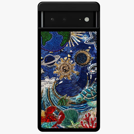 Universe Underwater Spark Glass Case showing flat back view with cosmic underwater themed artwork and glossy glass finish.