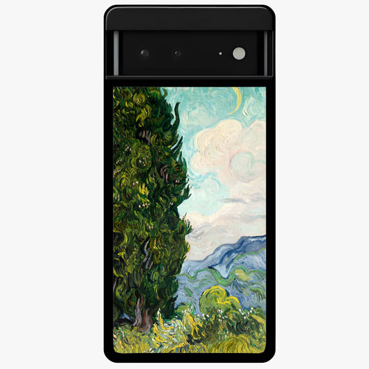 Van Gogh Vintage Art Glass Case showing flat back view with vintage painterly artwork inspired by Van Gogh style and glossy glass finish.