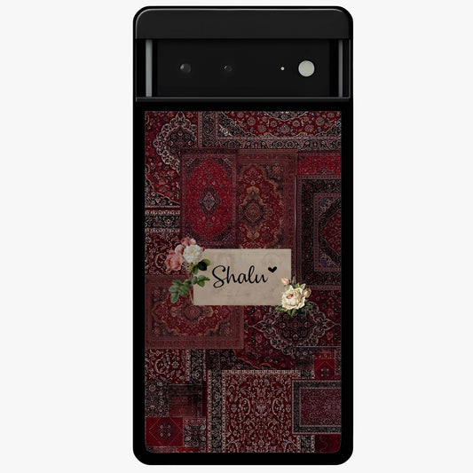 Velvet Wine Pattern Custom Name Glass Case showing flat back view with elegant wine colored pattern artwork and personalized name design.