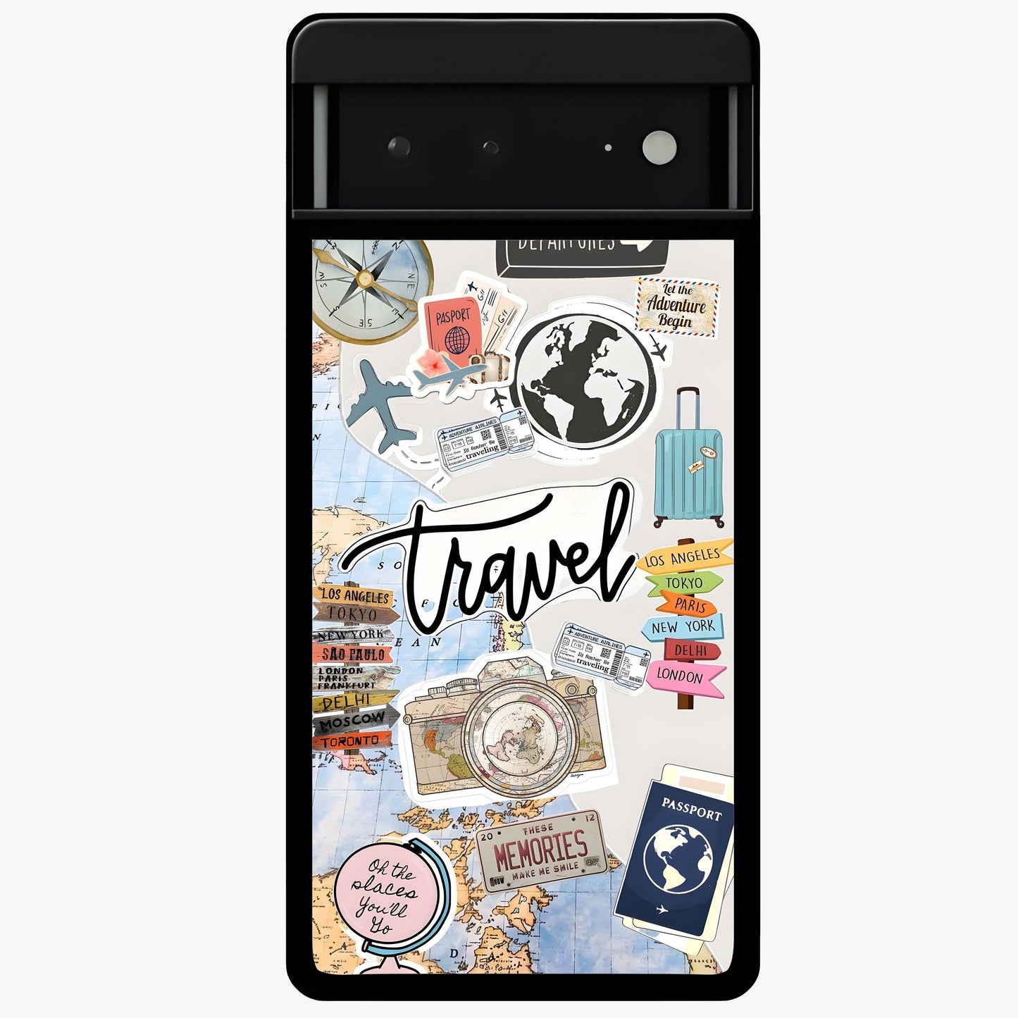 Wanderlust Journal Glass Case showing flat back view with travel inspired artwork and glossy glass finish.