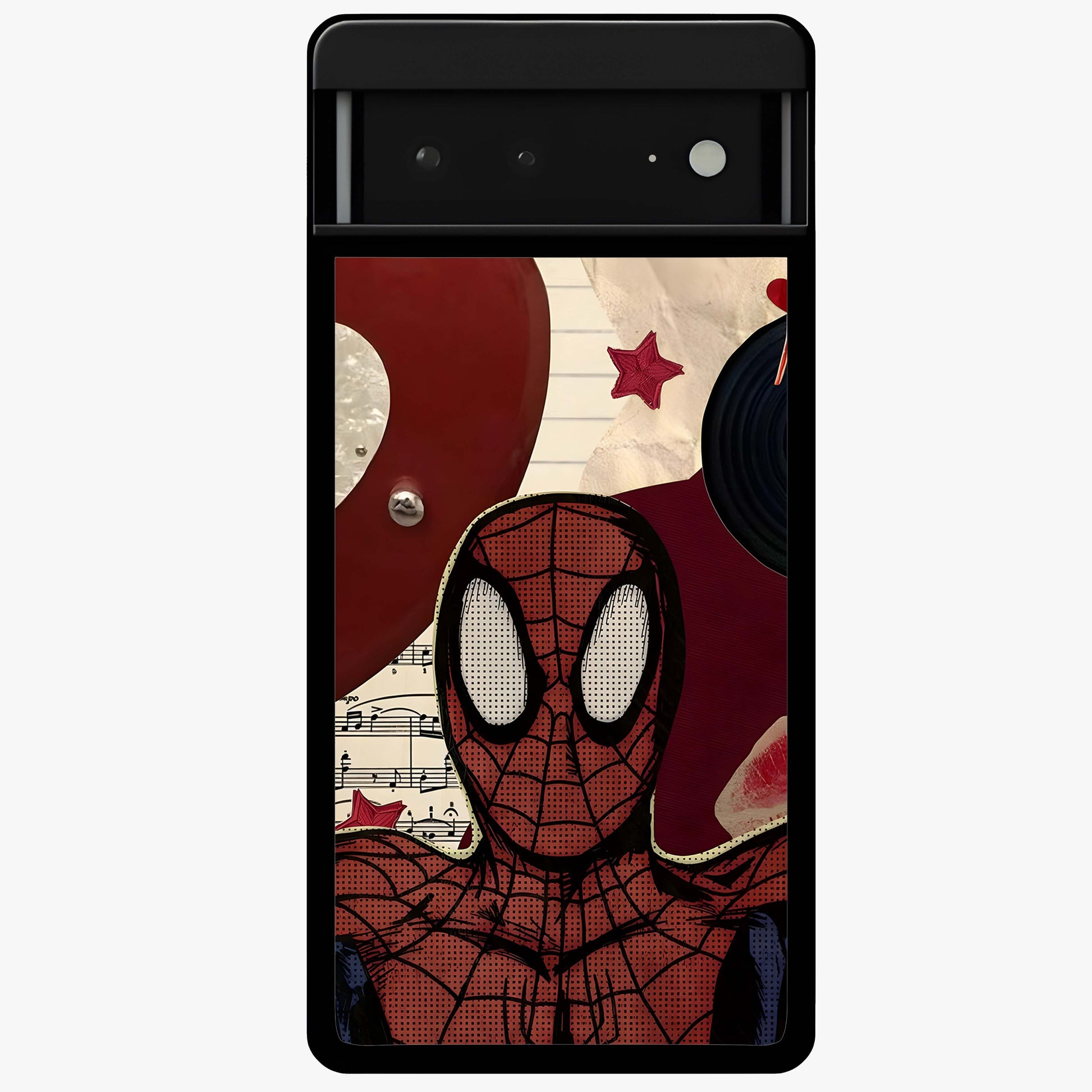 Web Warrior Vibes Glass Case showing flat back view with superhero inspired web themed artwork and glossy glass finish.