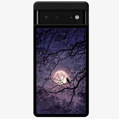 Whispering Moon Silence Glass Case showing flat back view with serene moon themed artwork and glossy glass finish.