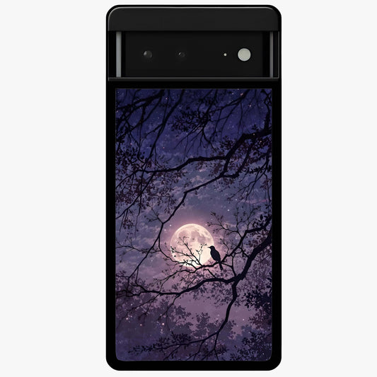 Whispering Moon Silence Glass Case showing flat back view with serene moon themed artwork and glossy glass finish.