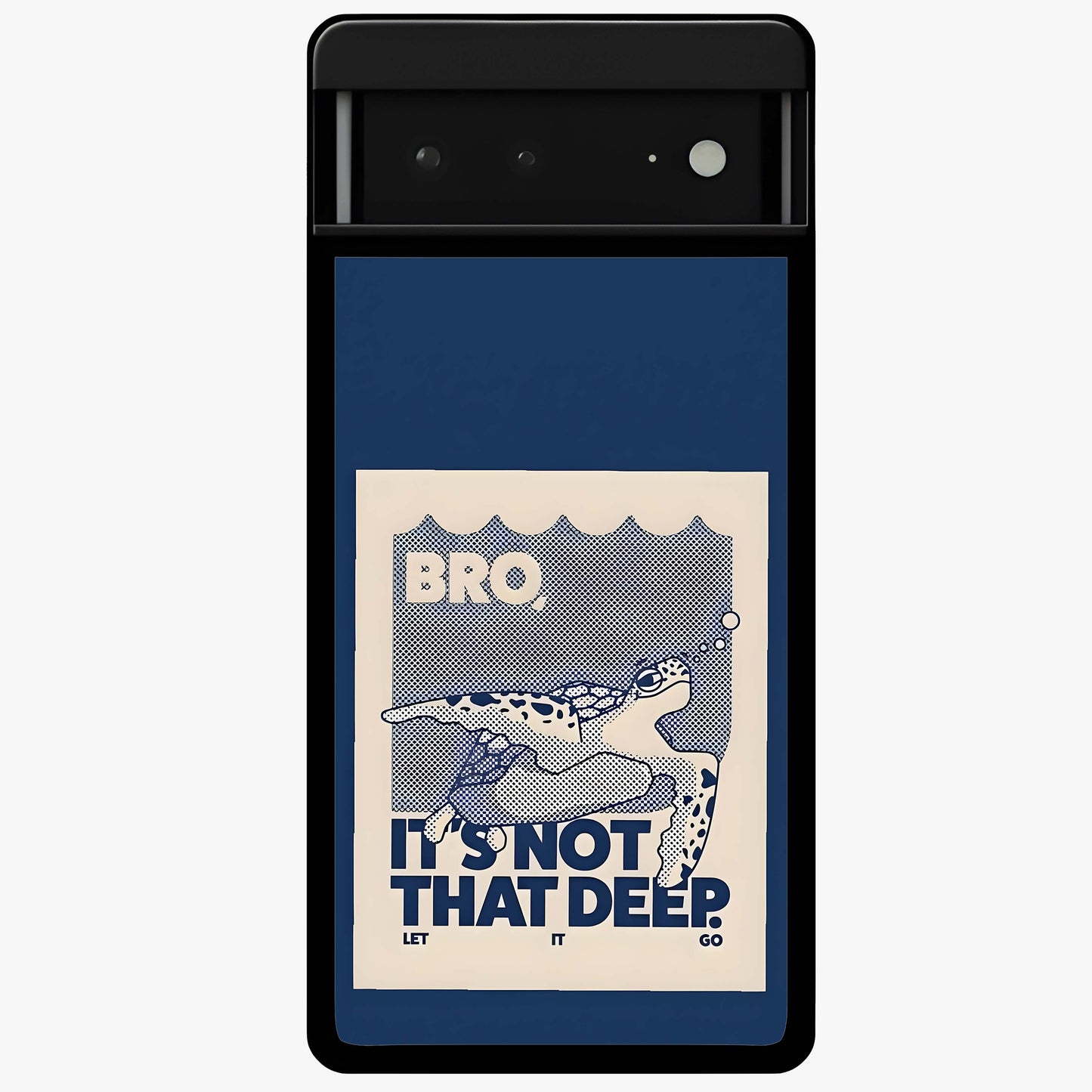 Worry Less Swim Glass Case showing flat back view with playful motivational artwork and glossy glass finish.