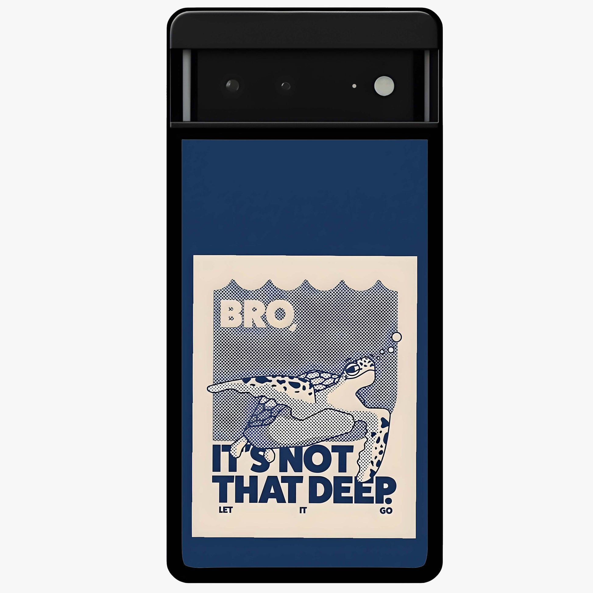 Worry Less Swim Glass Case showing flat back view with playful motivational artwork and glossy glass finish.