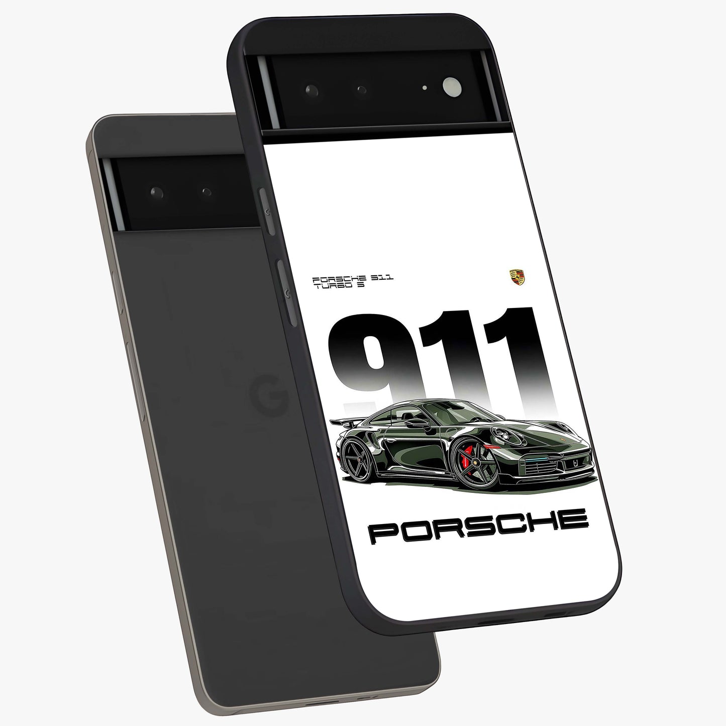 911 Turbo Dominance Glass Case displayed in premium angled mockup highlighting sporty car illustration and sleek glass surface.