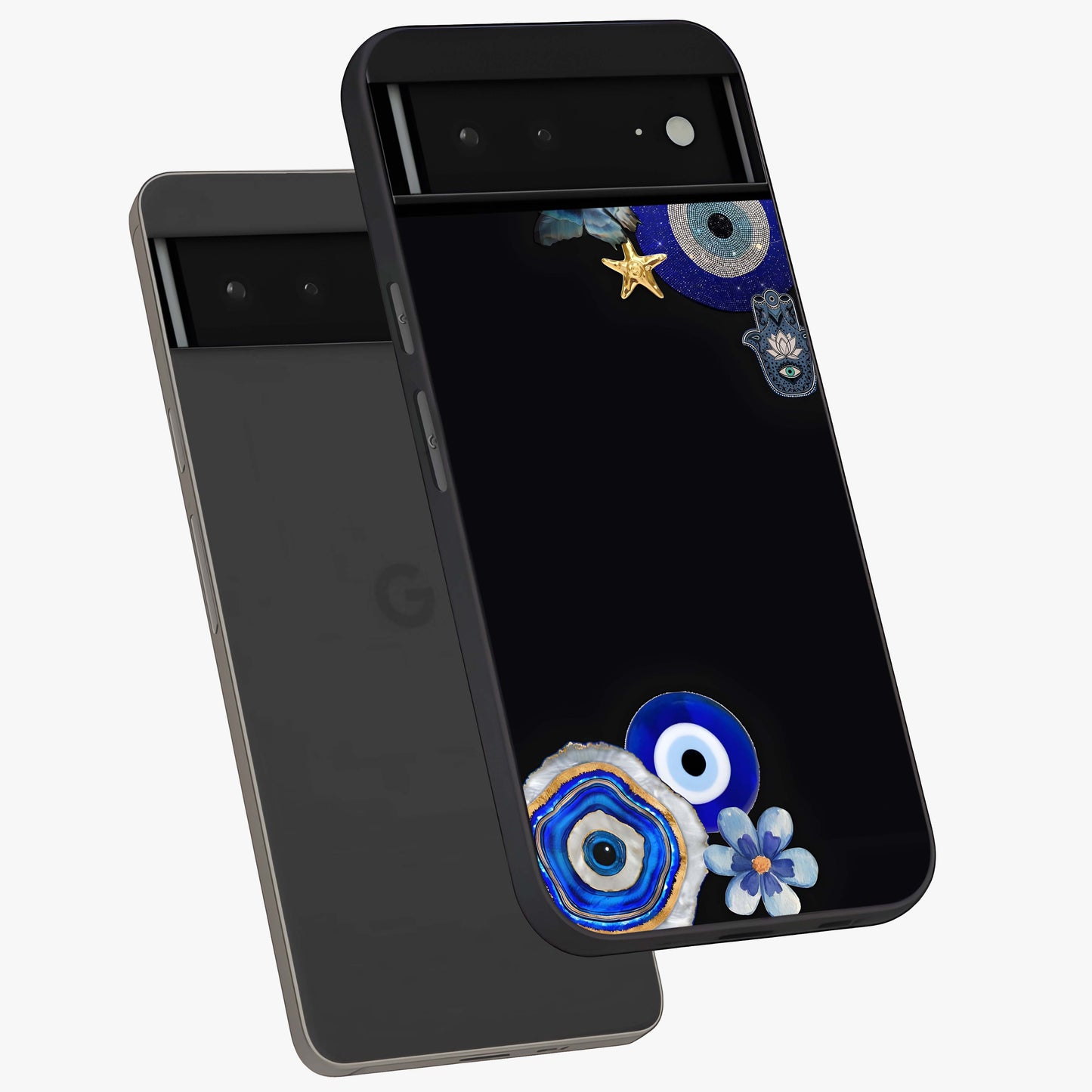 Aesthetic Blue Evil Eye Glass Case displayed in angled mockup highlighting blue evil eye symbol and spiritual aesthetic design.