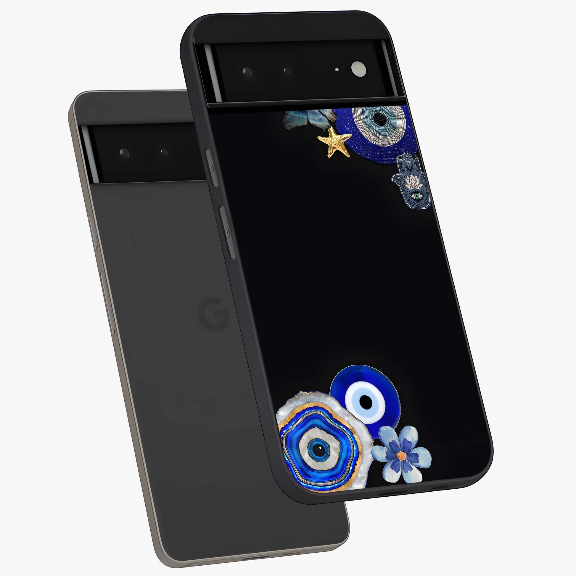Aesthetic Blue Evil Eye Glass Case displayed in angled mockup highlighting blue evil eye symbol and spiritual aesthetic design.