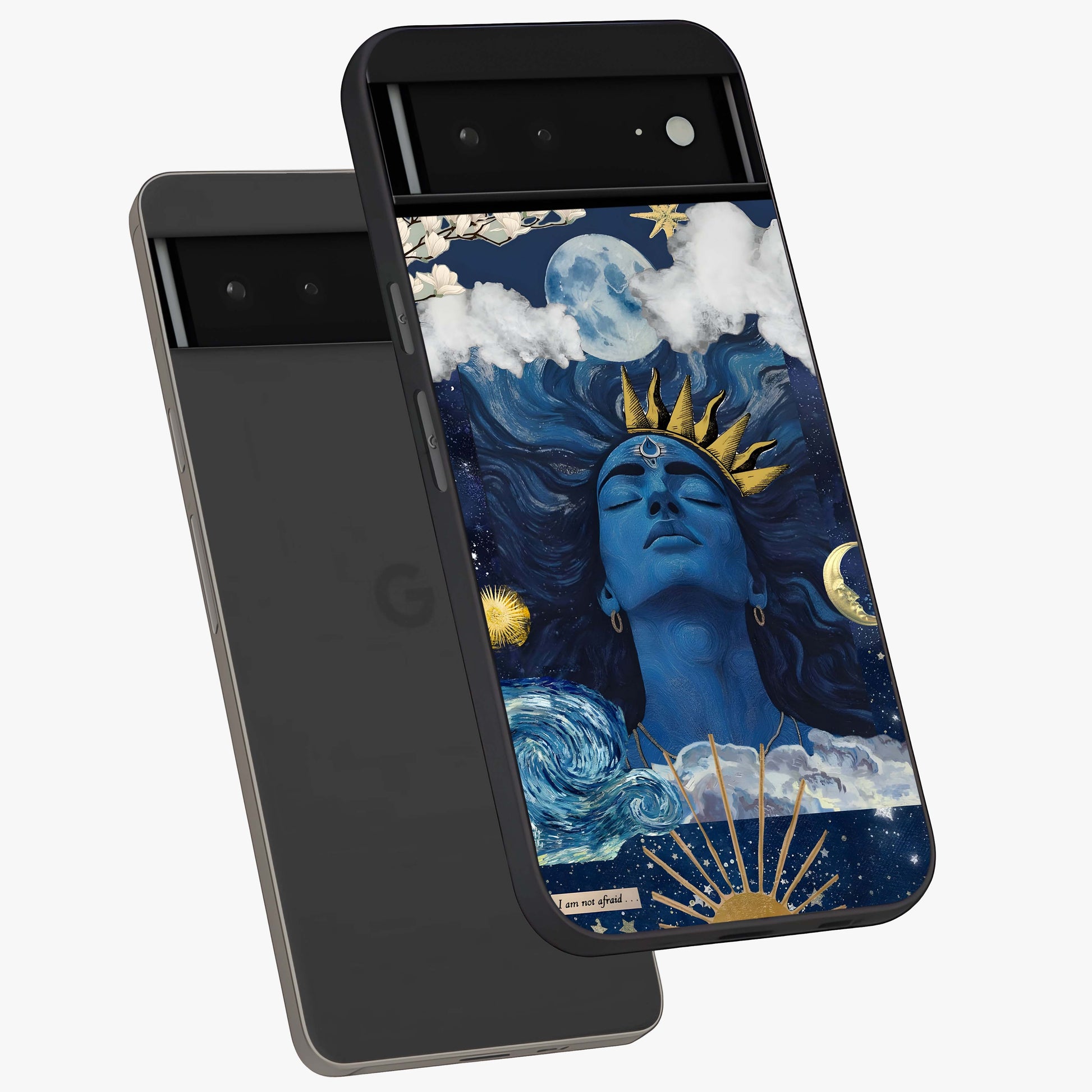 Aesthetic Lord Shiva Glass Case displayed in angled mockup highlighting spiritual Shiva illustration and sacred aesthetic design.
