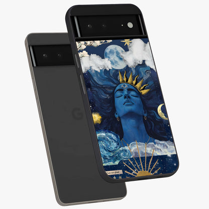 Aesthetic Lord Shiva Glass Case displayed in angled mockup highlighting spiritual Shiva illustration and sacred aesthetic design.