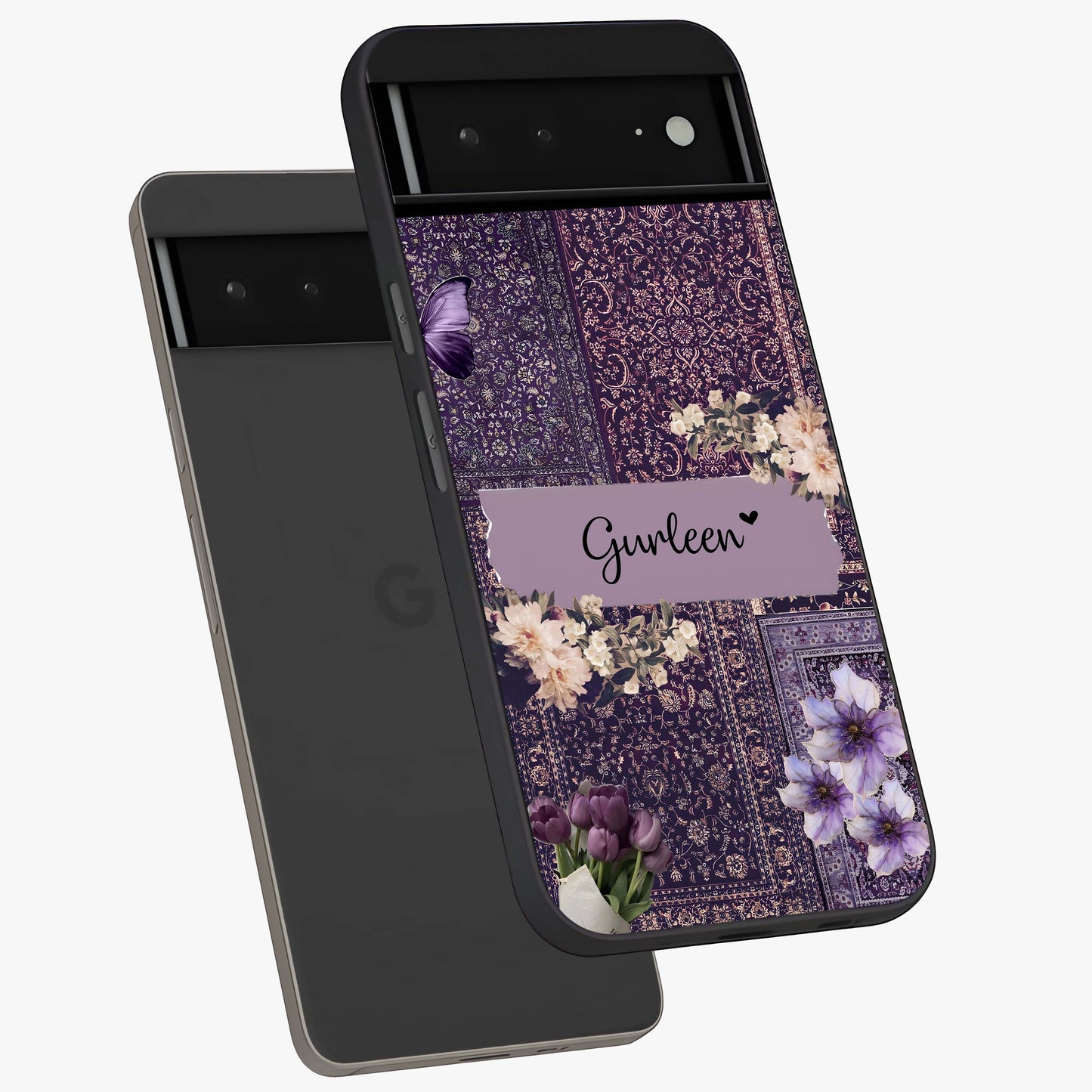 Antique Floral Whisper Custom Name Glass Case displayed in angled mockup highlighting elegant antique floral aesthetic.